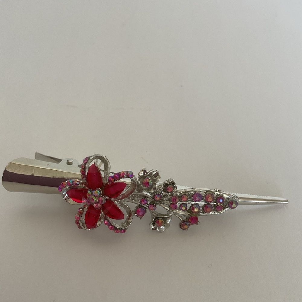 Vintage pink and red rhinestone flower hair clip